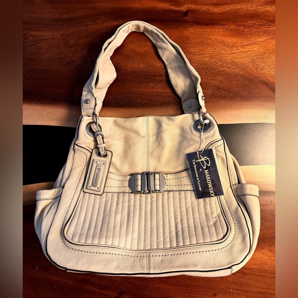 B. Makowsky Pillowy Soft Cream Leather Shoulder Bag - Picture 1 of 13